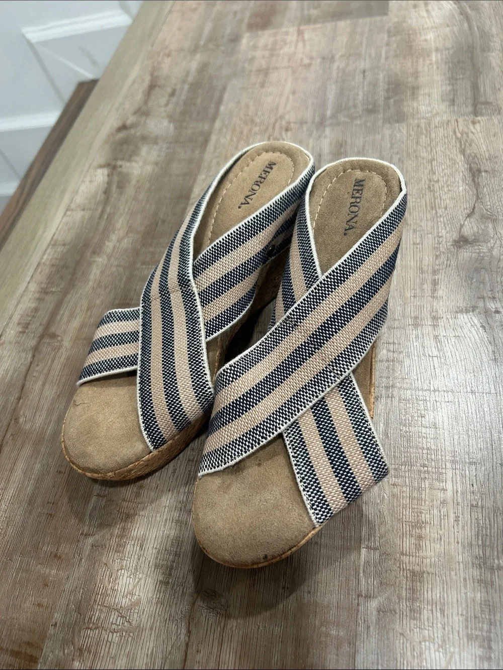 Merona Beige and Navy Striped Crisscross Wedge Sandals